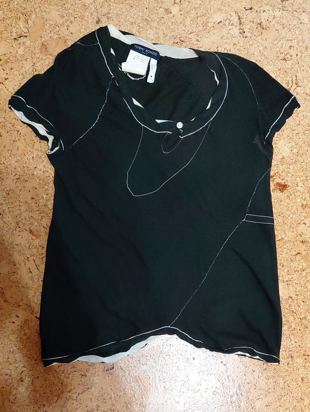 Yoshi Kondo Paris Women's Black Cotton Knit Tee With Exposed White Seams Size L